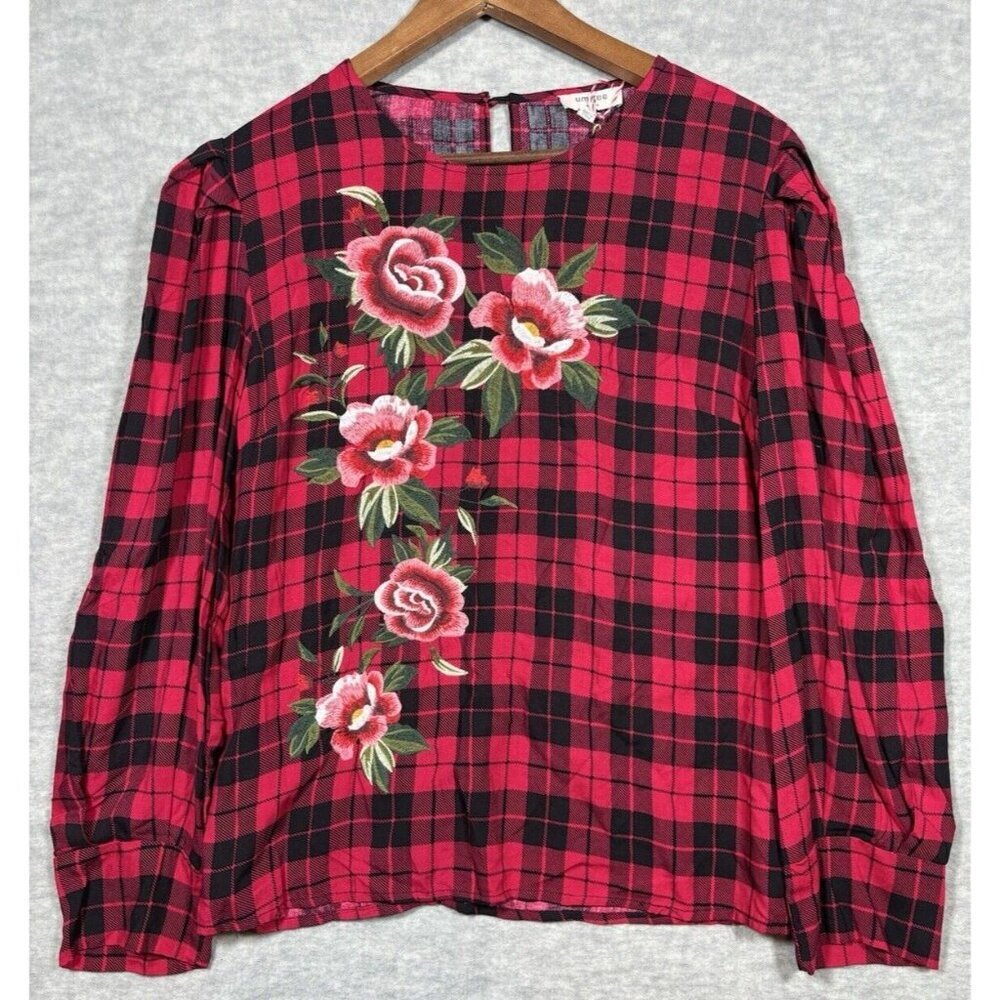 Umgee Womens Blouse Sz S Red Plaid Embroidered‎ Floral Boho Cabin Long Sleeve